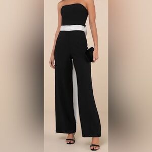 Lulus Large Elegant Black and White Strapless Jumpsuit